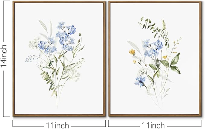 Watercolor Floral Wall Art Blue Yellow Flower Canvas Art Pints Nature Botanical Plants Painting Minimalist Wall Decor Stretched and Framed for Bedroom Bathroom Home Office Decoration - 11"x14"x2Pcs