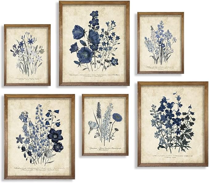 Watercolor Vintage Flower Poster Print - Rustic Modern French Country Cottagecore Wall Art - Primitive Blue Magnolia Leaves Pictures Gallery Gift - Farmhouse Plant Botanical Floral Kitchen Room Decor