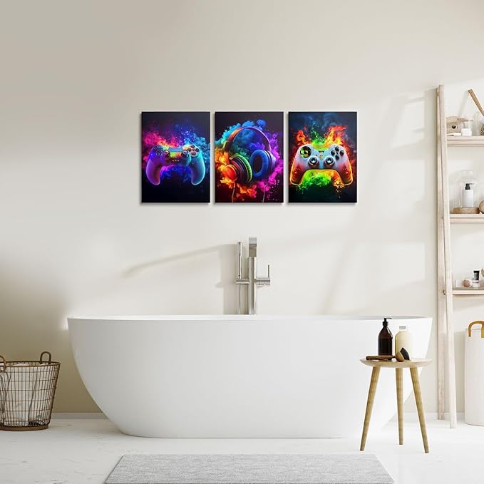 Feelyou Gamer Framed Canvas Wall Art Gaming Wall Decor for Bedroom Game Controller Pictures Painting for Room Office Wall Decorations Gaming Gifts Posters Artwork Gamepad Blue 12"x16"x 3Pcs