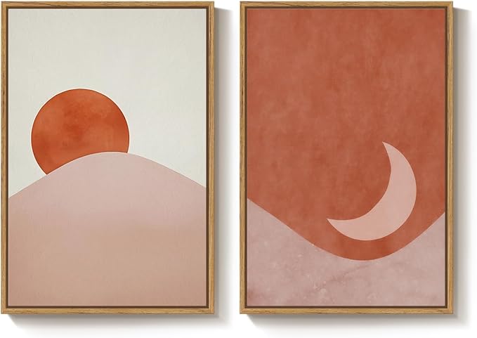Framed Boho Sun and Moon Set of 2 Wall Art, Terracotta Blush Mid Century Modern Canvas Artwork for Walls, Bohemian Abstract Painting Print for Living Room Bedroom Hallway Office Wall Decor, 16x24 Inch