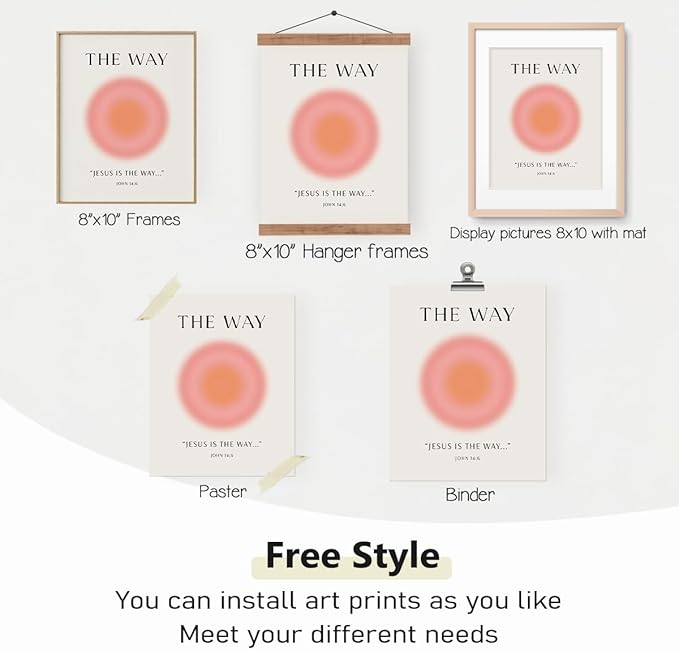 PLKMN Christian Wall Art, Jesus Art Wall Decor Prints Set of 3, Pink Room Decor Aesthetic, Jesus Is The Way and The Truth and The Life Bible Verse Wall Art, Pink Aura Prints Decor for Bedroom, 8x10 Unframed