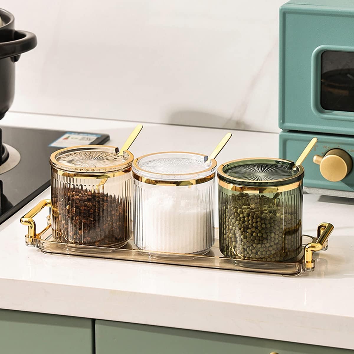 Acrylic Condiment Spice Jars,Condiment Spice Box With Lids and Spoons and Tray,Clear Plastic Condiment Canisters,Seasoning Box 4 Pack,Seasoning Box Set for Kitchen to Storage Salt,Paprika,Sugar