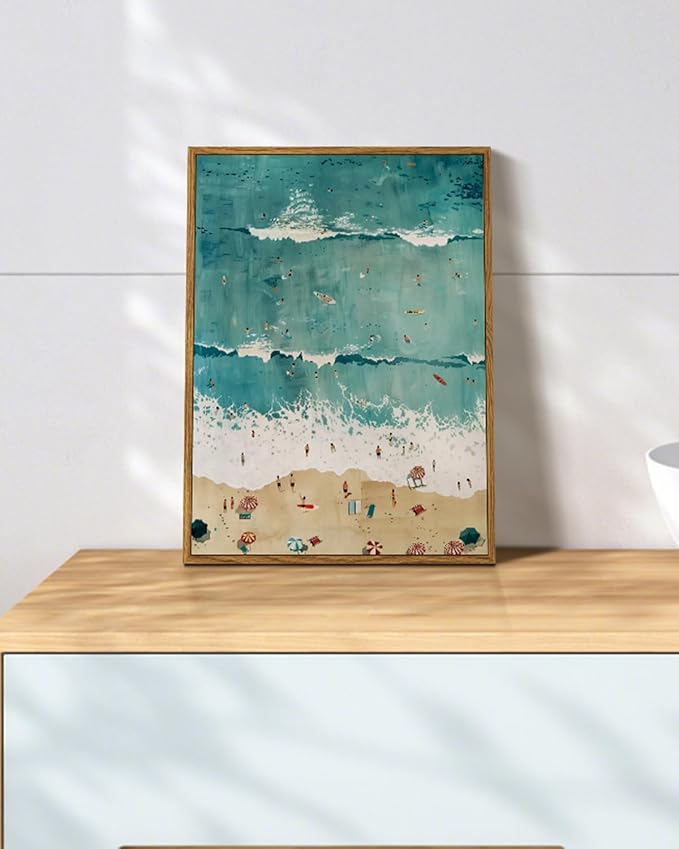 Tropical Beach Scene Framed Canvas Wall Art 12x16 Modern Coastal Ocean Wave Print, Summer Seaside Picture Beach Painting, Sea Wave View Artwork Bedroom Bathroom Home Office Decor