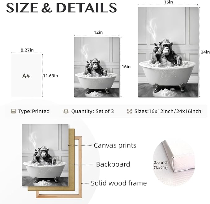 IAFWZX Framed Funny Bathroom Wall Art, Black and White Chimpanzee in Bathtub Wall Decor, Cute Animal Wrapped Canvas Painting, Humor Gorilla Toilet Poster Print for Restroom Guest Bedroom 12"x16"