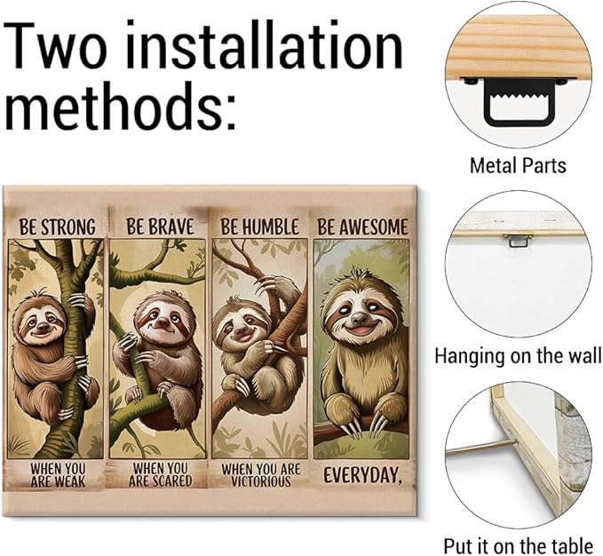 Inspirational Sloth Canvas Wall Art Cute Sloth Motivational Print Poster Animal Artwork Framed Painting for Home Living Room Bedroom Wall Decor 8x10 Inch