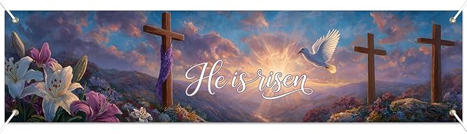 He Is Risen Easter Banner Christian Resurrection Spring Decor 78 x 17 Inch Religious Cross Scene Banner for Church Yard Fence Door Wall Indoor Outdoor Easter Faith Celebration Display
