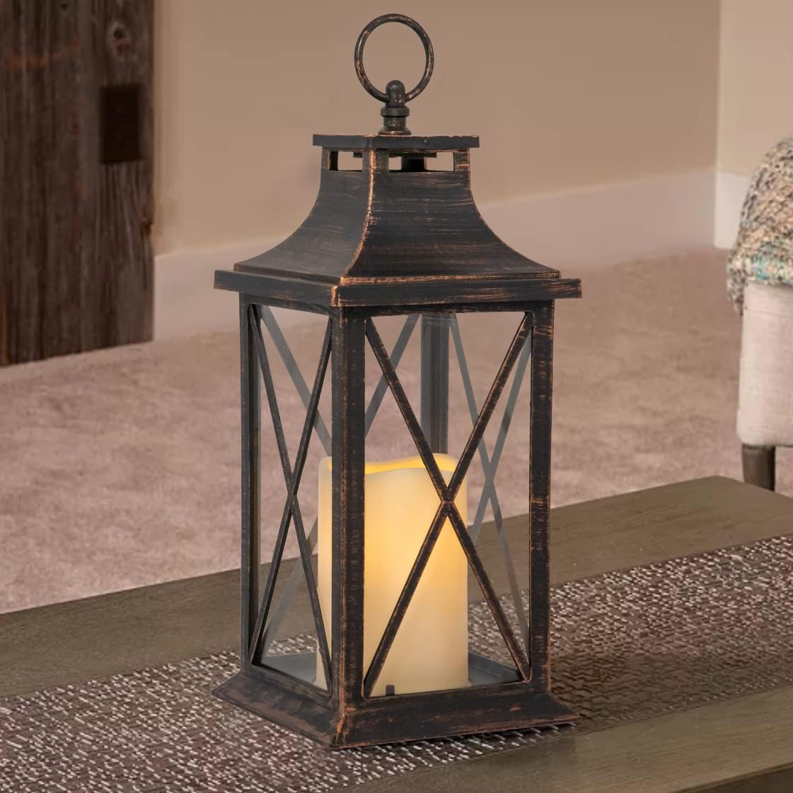 YAKii 14" Decorative Candle Lantern LED Flameless Candle Timer, Plastic LED Candle & Holder, Indoor & Outdoor Hanging Lights,Christmas Day Decoration (Antique Copper Brushed)