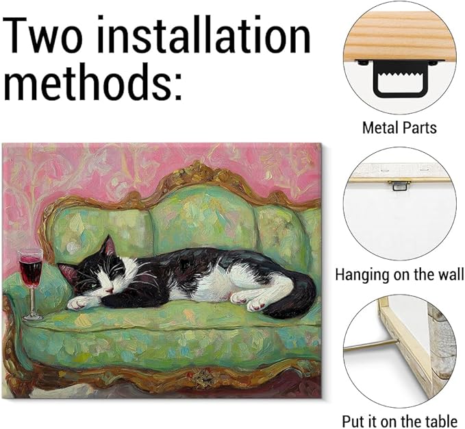Fun Cat Wall Art Decor Cute Cat on Couch Quirky Canvas Print Poster Trendy Framed Painting Wall Decorations for Dining Room Living Room 8x10 Inch