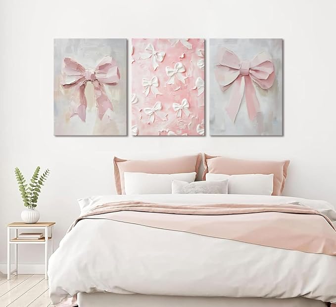 Pink Bow Canvas Wall Art Set of 3 Coquette Oil Painting Cute Bow Posters Wall Decor Trendy Preppy Print Picture for Back to School Bedroom Bathroom College Dorm 12x16 In Framed