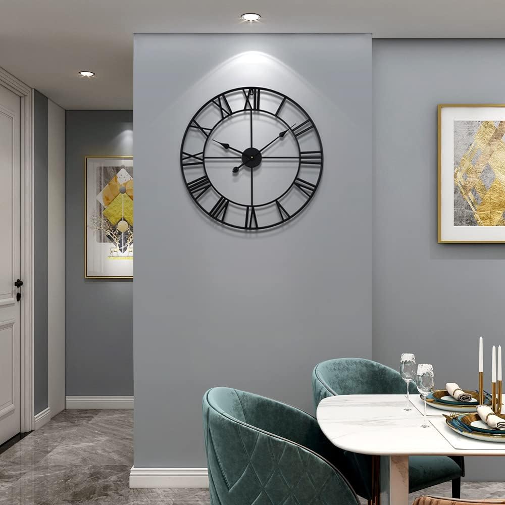 Large Modern Metal Wall Clocks Rustic Round Nearly Silent Little Ticking Battery Operated Roman Numerals Clock for Living Room/Bedroom/Kitchen Wall Decor-(Black, 47cm)