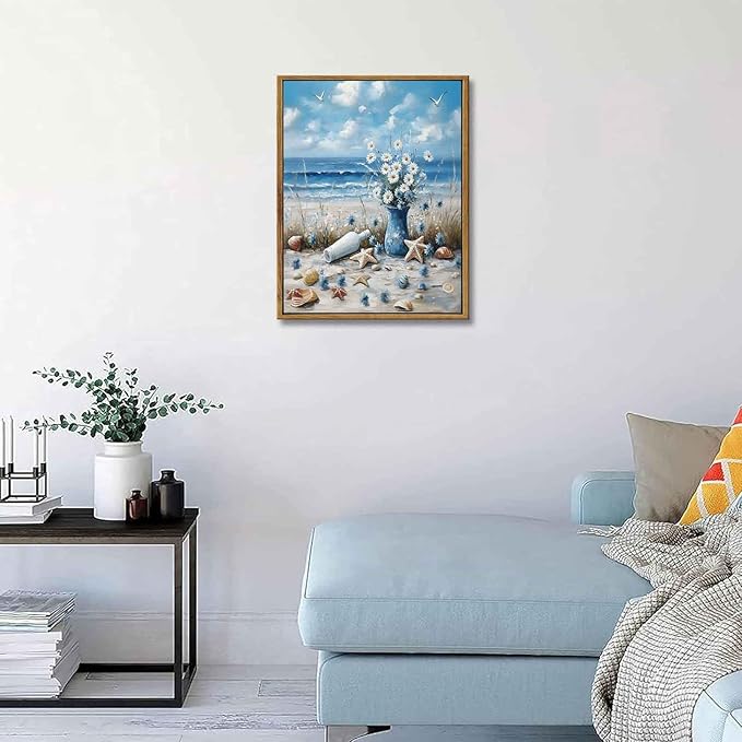 Framed Blue Ocean Beach Canvas Wall Art Coast Seashell Starfish painting Decor Pictures Blue Seaside White Daisy Posters Prints for Modern Coastal Themed Home Decoration Bathroom Room Decoration