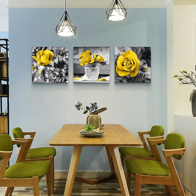 DZRWUBHS Canvas Wall Art - Modern Decor For Bedroom, Living Room, Kitchen, Bathroom - Black And White Wall Pictures - Yellow Rose Flowers - Girls Room Artwork