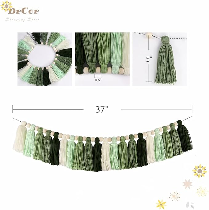 DrCor 15ft Sage Green Gradient Tassel Garland – Handmade Yarn Bunting Banner for Nursery, Kids Room, Baby Shower, Birthday Party Backdrop, Dorm Wall Hanging or Cozy Home Decor