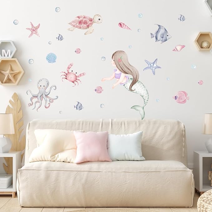 Mermaid Wall Decals,Under The Sea Animals Wall Stickers,Baby Girls Mermaid Wall Decals Stickers,Ocean Fish Turtle Wall Stickers Bathroom Girls Bedroom Baby Nursery Wall Decoration.