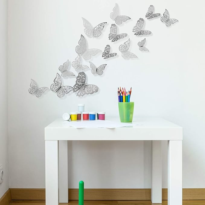 Bememo 72 Pieces 3D Butterfly Wall Decals Sticker Decal Wall Decor Art Decorative Sticker 3 Sizes for Room Offices Bedroom Bathroom Living Room Decor(Silver)
