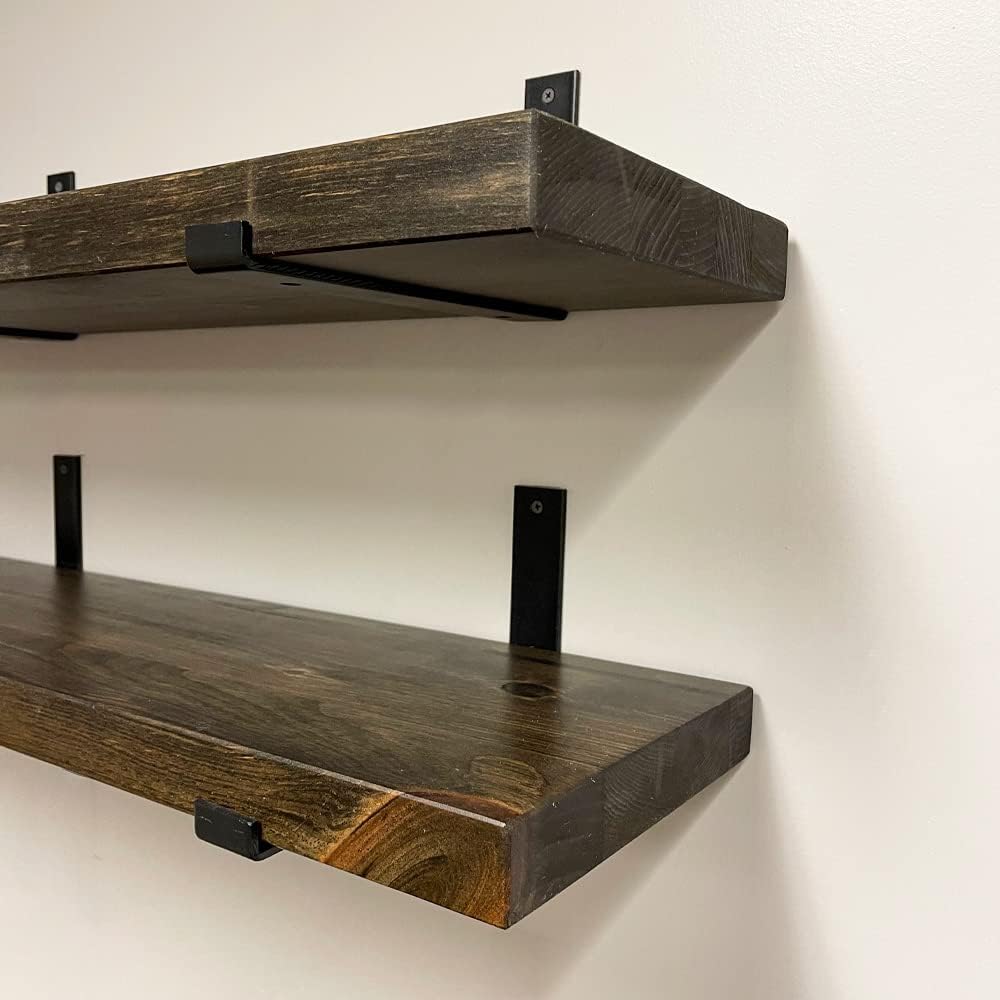 Rustic Shelves with J-Brackets Set of 2, Industrial Shelf, Kitchen Shelves, Solid Wood, Decorative Wall Storage, Heavy Duty, URBANDI (Dark Brown, 36Wx10D)