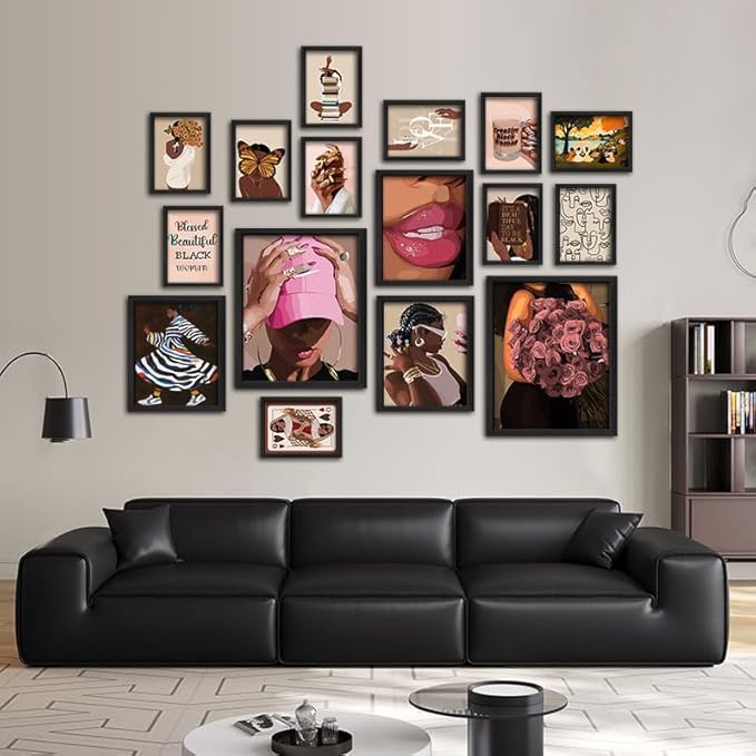 ANERZA 16 PCS Framed Black Girl Wall Art Decor, African American Wall Prints for Bedroom, Black Woman Gallery Wall Frame Set, Black People Posters for Living Room Aesthetic, Collage Kit, Dorm Artwork