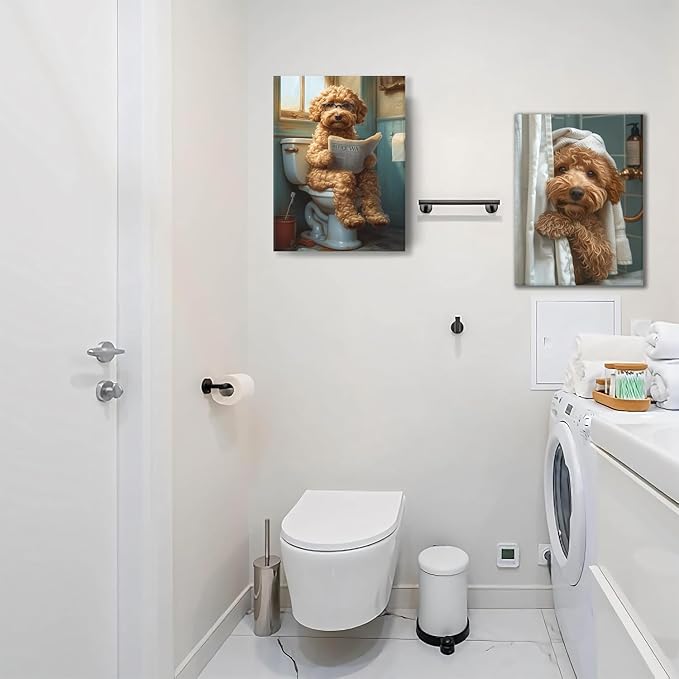 Yaneiro Funny Bathroom Canvas Wall Art-Set of 2 Poodle On Toilet Reading Newspaper Wall Decor Goldendoodle In Shower Humor Animal Poster Picture for Dog Lovers Restroom Ideas Decor 16x24 Inch Framed