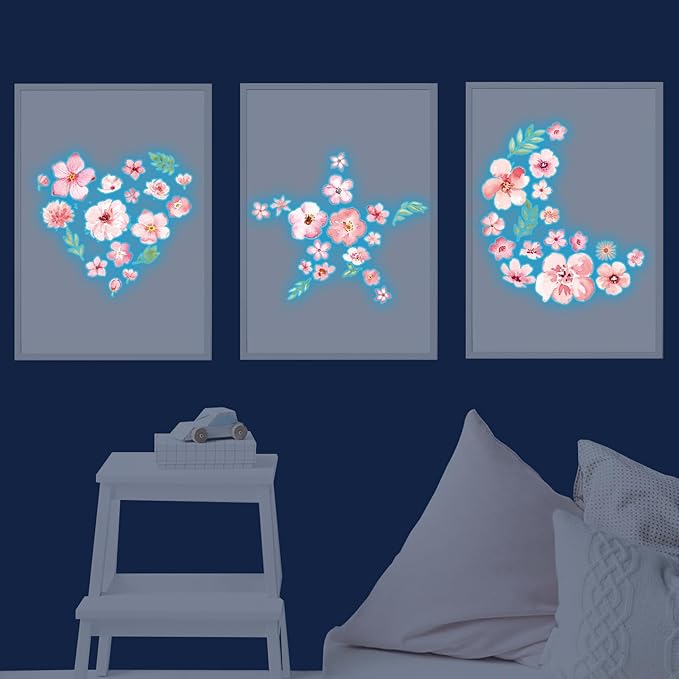 Glow in The Dark Boho Flower Wall Decals,Glowing Luminous Pink Watercolor Flower Wall Stickers Removable self-Adhesive Wildflower Decals for Girls Bedroom Kids Baby Nursery Living Room Decor