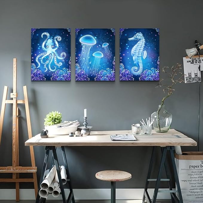 DZRWUBHS Wall Art For Living Room Bedroom Large Wall Decor Blue Ocean Life Theme Art Prints Wall Artworks Sea Animal Sea Horse Octopus Jellyfish Pictures Bathroom Modern Home Decor Painting Posters