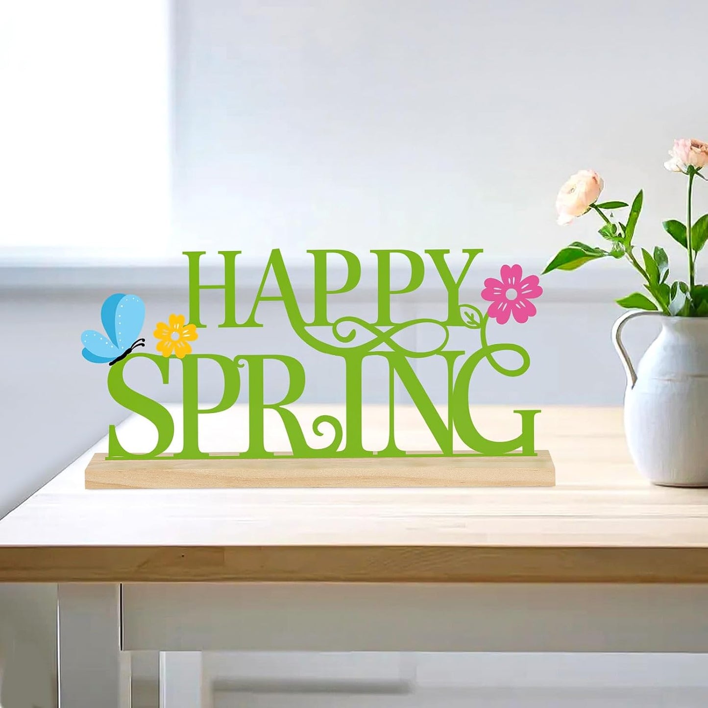 COCHIE Metal Happy Spring Sign, Spring Decorations for Home, Office, Shelf, Mantel, Indoor, Spring Flower Decor, Spring Butterfly Table Top Party Decoration (Spring)