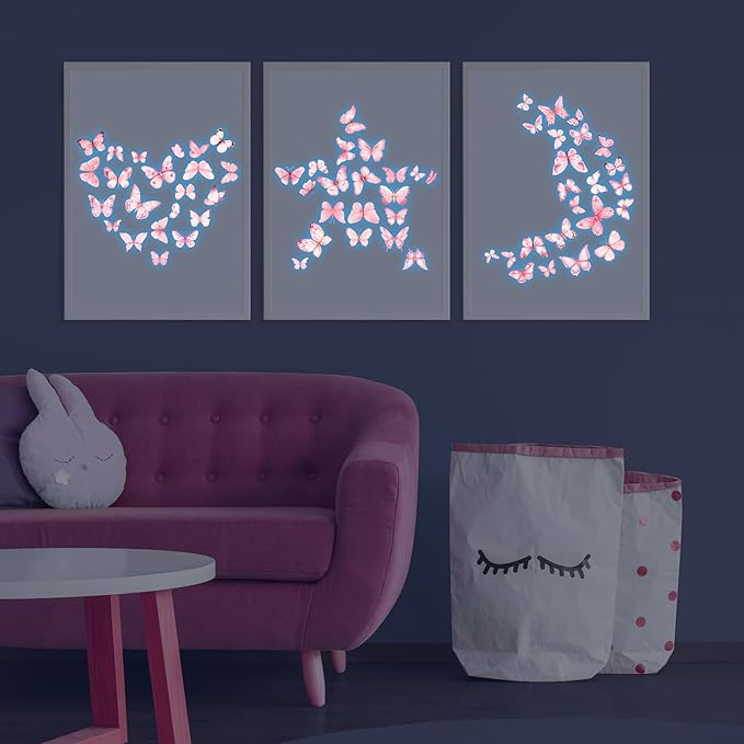 Glow in The Dark Pink Butterfly Wall Decals,Glowing Luminous Watercolor Butterfly Wall Stickers Removable self-Adhesive Butterfly Decals for Girls Bedroom Kids Baby Nursery Living Room Decor