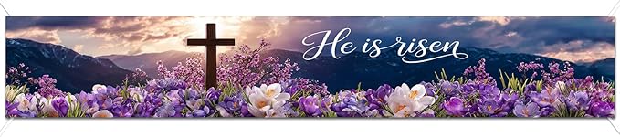 He Is Risen Easter Banner Resurrection Cross Spring Christian Faith Decor 118×20 inch Religious Easter Banner for Church Yard Fence Wall Door Indoor Outdoor Display