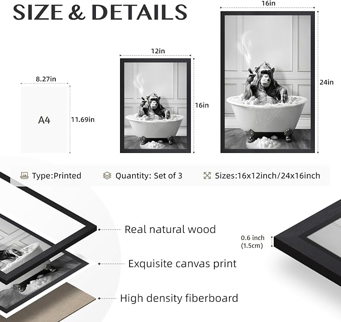 IAFWZX Wood Framed Funny Bathroom Wall Art, Black and White Chimpanzee in Bathtub Wall Decor, Cute Animal Wrapped Canvas Painting, Humor Gorilla Toilet Poster Print for Restroom Guest Bedroom 12"x16"