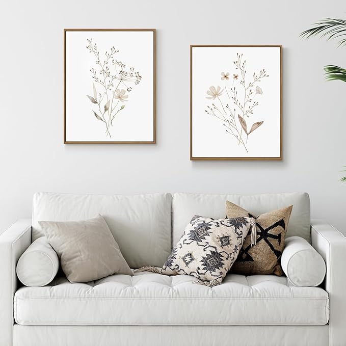 Boho Wall Art Set of 2 Watercolor Botanical Floral Picture Blossomy Wildflower Canvas Art Prints Minimalist Flower Wall Decor for Living Room Bedroom Bathroom Home Office Decoration, 11x14 Inch Framed