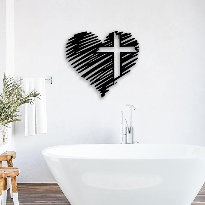 Heart Cross Metal Wall Decor - Elegant Minimalist Room Decor Love Wall Art Home Decor for Living Room, Bedroom, Dining Room, Bathroom, Office (Black)