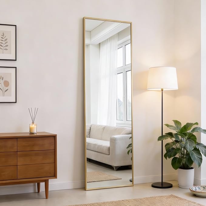 DUMOS 47x14 Full Length Mirror Over The Door, Wall Mounted Full Body Mirror, Door Hanging Metal Aluminum Alloy Frame Dressing Mirror for Bedroom, Living Room, Entryway, Gold