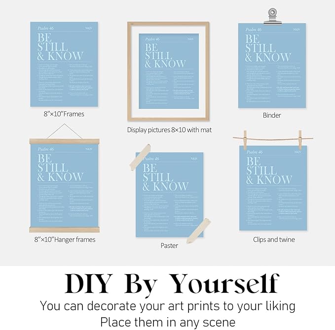 Locomiss Light Blue Christian Wall Art Decor, Modern Bible Verse Prints, Minimalist Jesus Scripture Wall Decor, Inspirational Bible Posters for Bedroom Office Living Room, Set of 4 (8x10 Unframed)