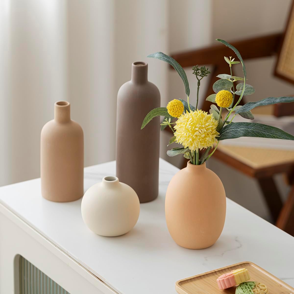 Modern Ceramic Vase Set, Neutral Colors, Decorative Vases for Home Shelf Decor, 4 Piece Collection (Coffee Mix Set 4)