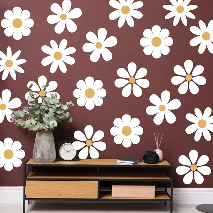 TaoBary 12 Sheet Daisy Wall Sticker Decal Removable Cute Daisy Bedroom Room Decor Flower Wall Sticker Pink White Flower Decal Wallpaper Peel and Stick for Nursery Home(White, Yellow,Novelty Style)