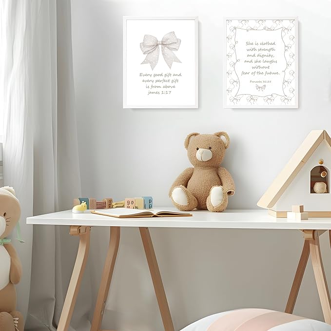 LARTSFRO Coquette Beige Bow Jesus Wall Art Decor Posters, Beige Bow Christian Room Bedroom Bathroom Wall Art Decor Aesthetic for Teen Girls Gifts, Inspirational Bible Verses Bow Wall Decor, 10x8 Inch Set of 4 Bow Pictures (UNFRAMED)