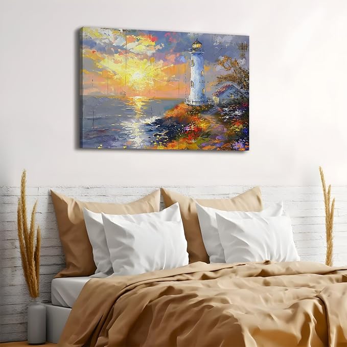 Large Sunset Coastal Wall Art Lighthouse Canvas Prints Picture Ocean Landscape Wall Decor Abstract Beach Painting Seascape Poster Modern Nature Artwork Kitchen Living Room Home Decoration 32x48"