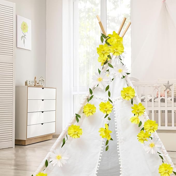 EASY JOY Crepe Paper Flowers Banners White Yellow Floral Banner Spring Hanging Paper Flower Leaves Garlands for Spring Birthday Wedding Home Decorations