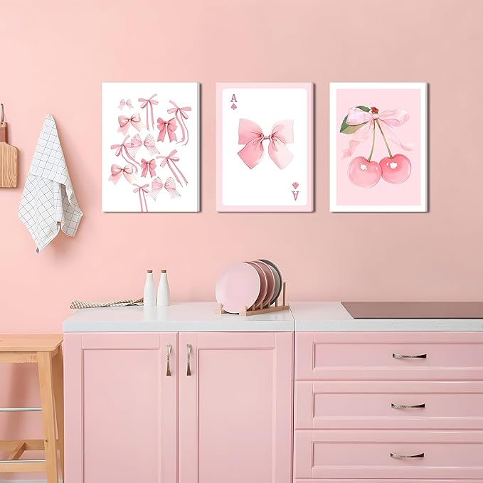 Trendy Pink Bows Canvas Wall Art Set of 3, Vintage Preppy Cherry Posters Prints, Pink Girly Room Aesthetic Wall Decor Painting for College Apartment Living Room Bedroom 16x24 In Framed
