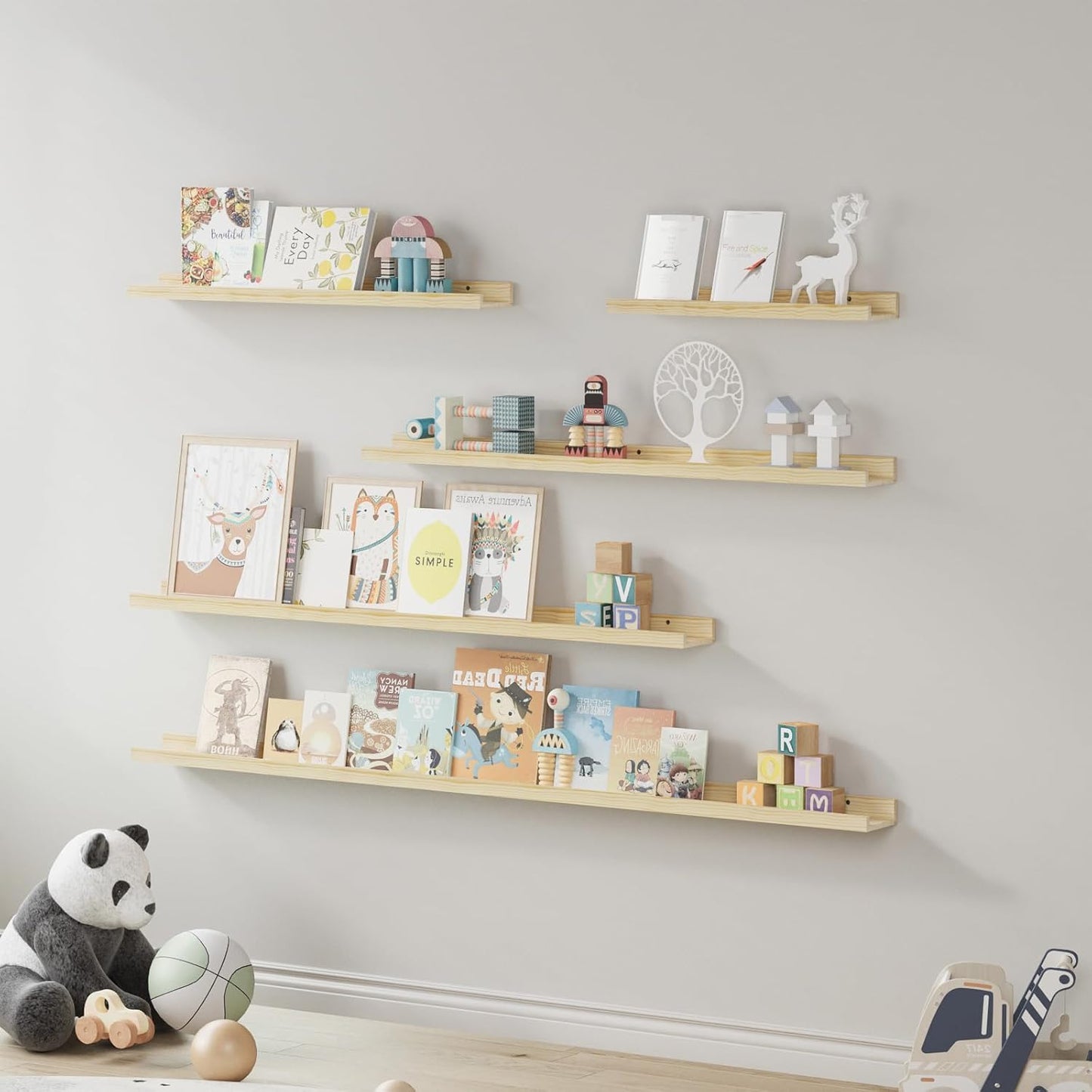 SAUMONIERES Picture Ledge Shelf Floating Book Shelves Set of 2 Wall Mounted Solid Wood for Bedroom Bathroom Living Room Kitchen, 24 Inch Natural