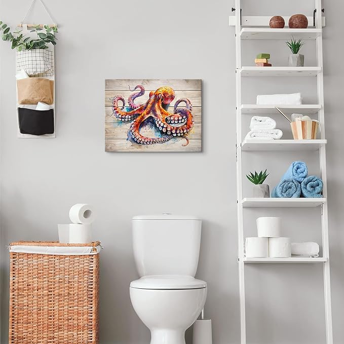 Ocean Bathroom Decor Octopus Wall Art Nautical Sea Animal Canvas Prints Rustic Marine Life Poster Vintage Coastal Pictures Painting Farmhouse Artwork for Bedroom Living Room Home Decoration 12x16"
