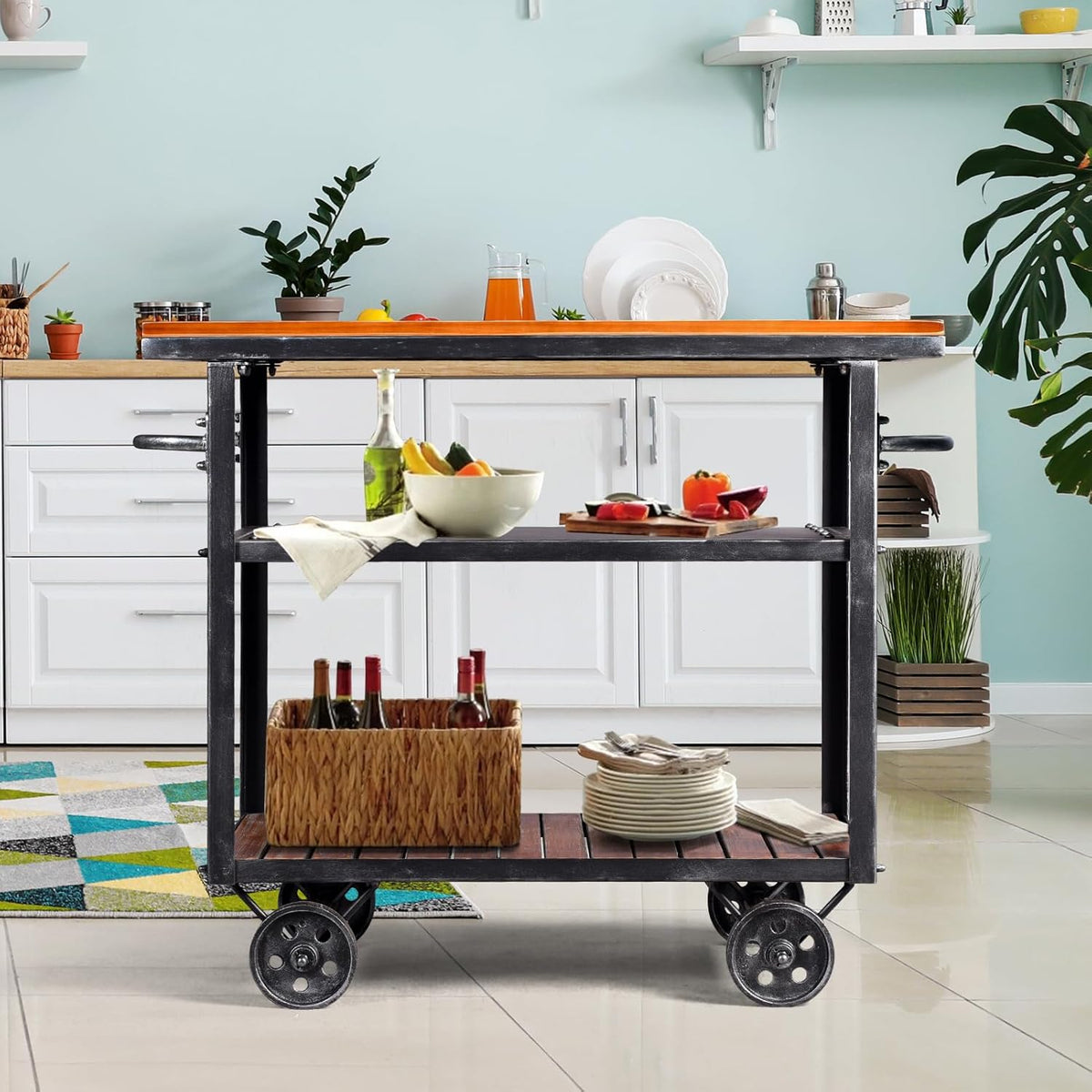 Diwhy Industrial 3 Tier Rolling Utility Storage Cart Wine Beverage, Metal Wine Rack with Wheels Kitchen Bar Dining Room Tea Wine, Storage Cart with Wood