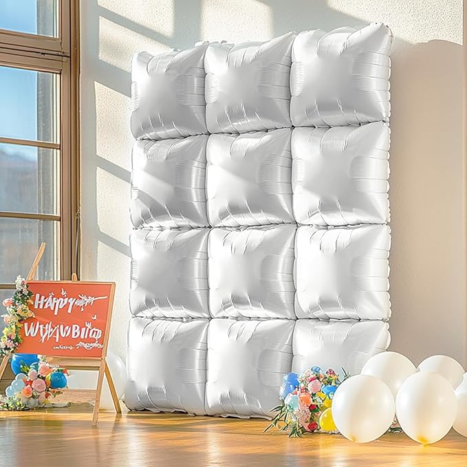 NISOCY 48PCS White Square Foil Balloons Wall Backdrop Double Sided Pearl White Balloons Tunnel Arch Kit for Birthday Wedding Engagement Bridal Baby Shower Party Decoration