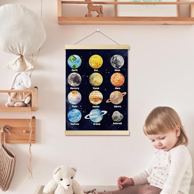 Solar System Posters Hanger Frame for Classroom Outer Space Hanging Poster for Nursery Decor Educational Wall Art Decor for Preschool Kids Room Playroom Canvas Wall Art Print 16x12 Inch - YY060
