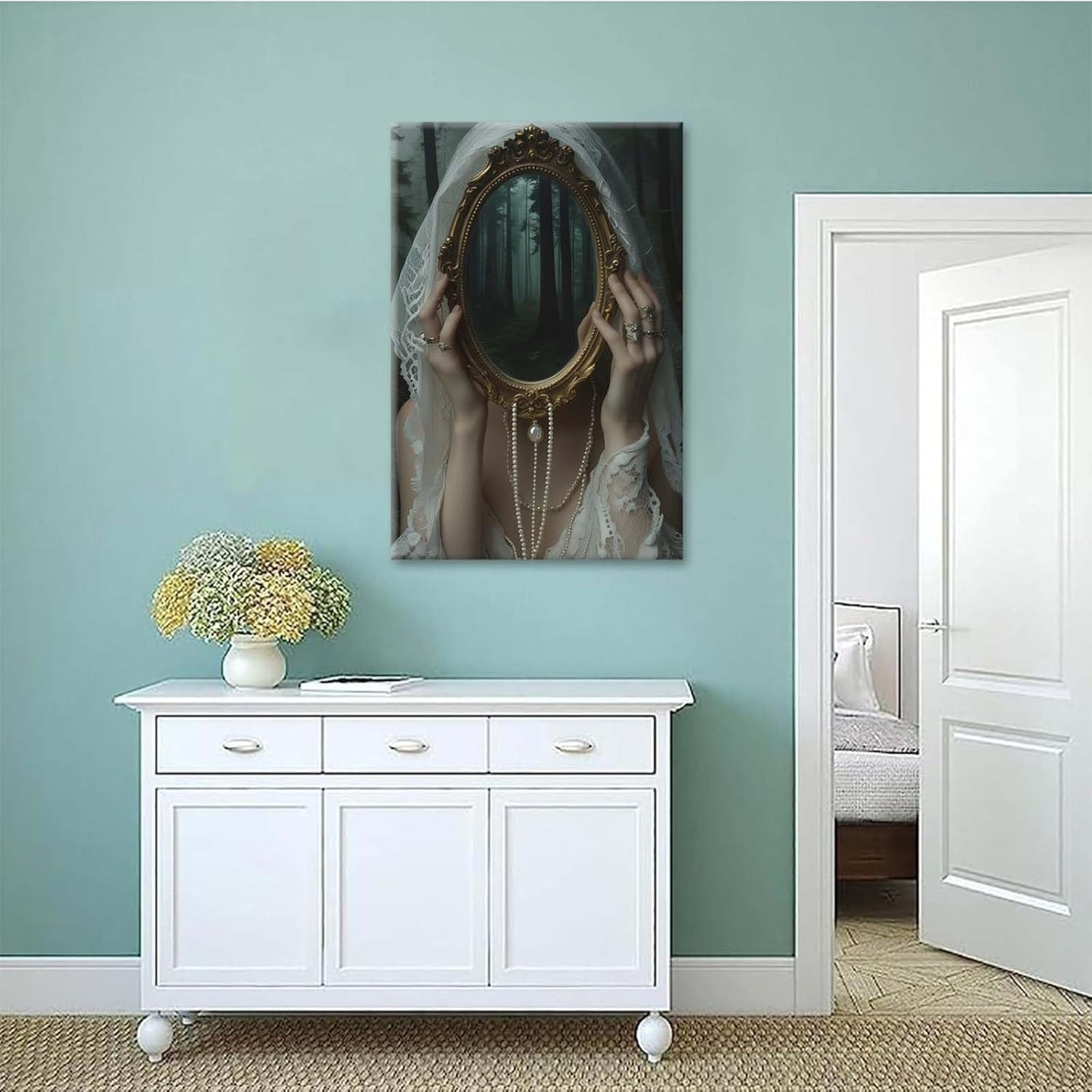 Mirror face covering dark art poster print melancholy gothic painting vintage feminine print victorian style decoration antique art8x12in Frameless