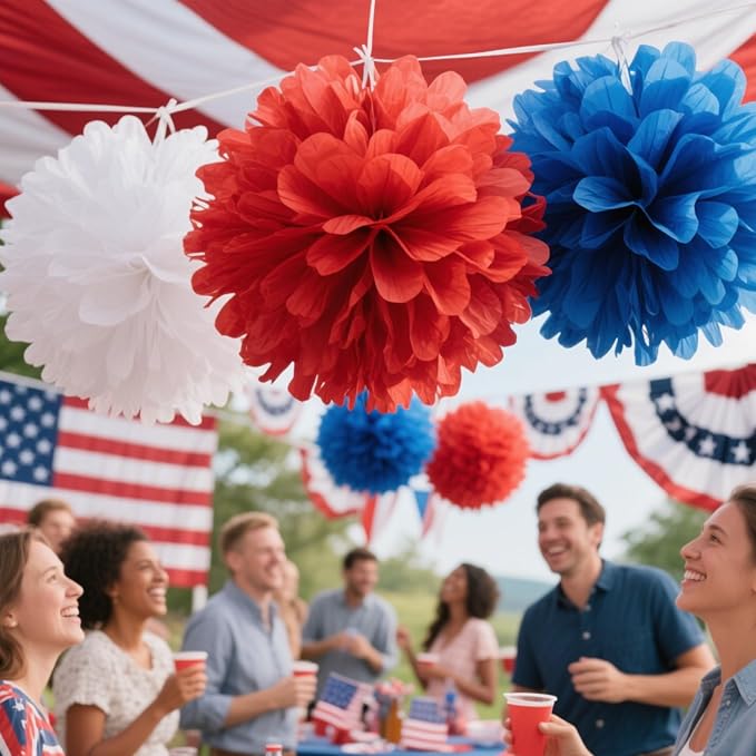 We Moment Red, Blue and White Paper Pom Poms Decorations for 4th Fourth of July,Independence Day Patriotic Decorations, Red Blue and White Ceiling Wall Hanging Tissue Flowers Decorations 12pcs