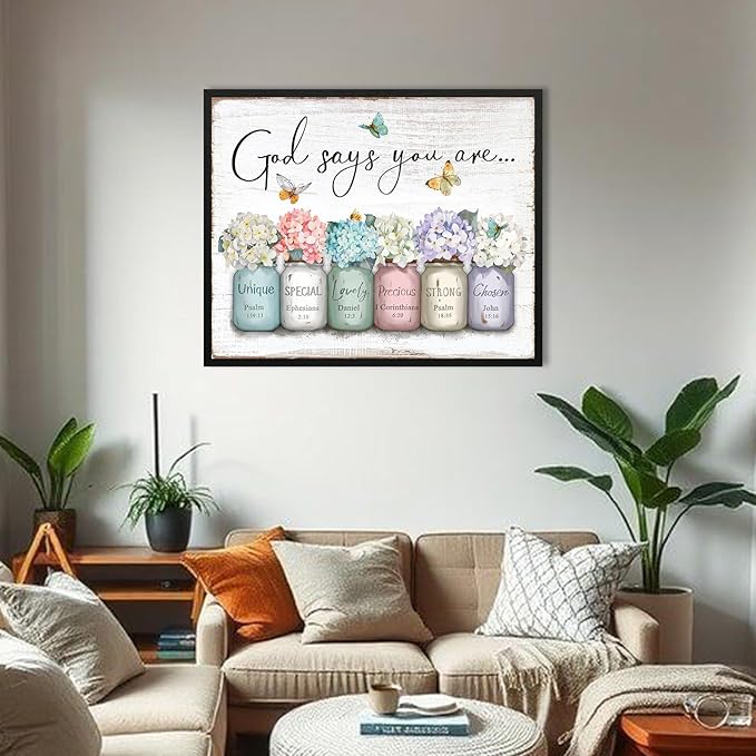 Inspirational Bible Verse Wall Art: God Says You Are Wall Decor Framed Christian Painting 24" x 30",Hydrangea Flower in Mason Jar Prints Hanging Posters Religious Bedroom Decor for Women Girls