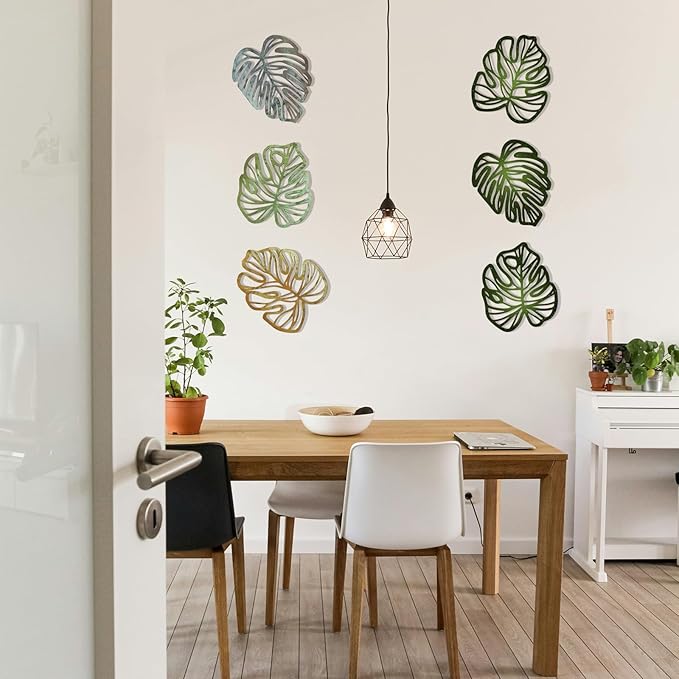 Palm Leaves Wood Wall Decor , 3Pcs Tropical Wall Art Jungle Decor, Wooden Natural Leaves Plant Wall Decor, Vintage Tropical Plant Plaque for Home Living Room Kitchen Bedroom Bathroom & Garden, Yellow&Blue&Green