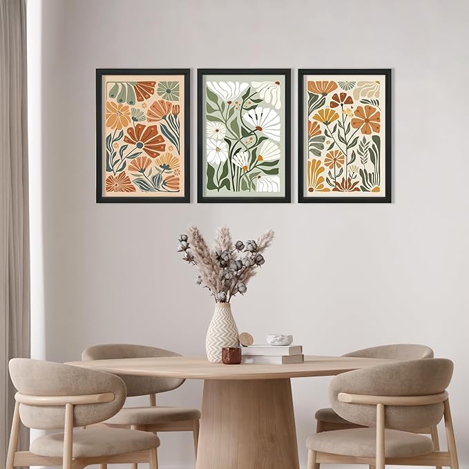 YWJKWLGS Wildflowe Floral Botanical Wall Art Print, Boho Flower Wall Decor, 3 Piece, 16x24 Inch, Modern Abstract Wood Framed for Home Living Room Master Bedroom Bathroom Office (Black)
