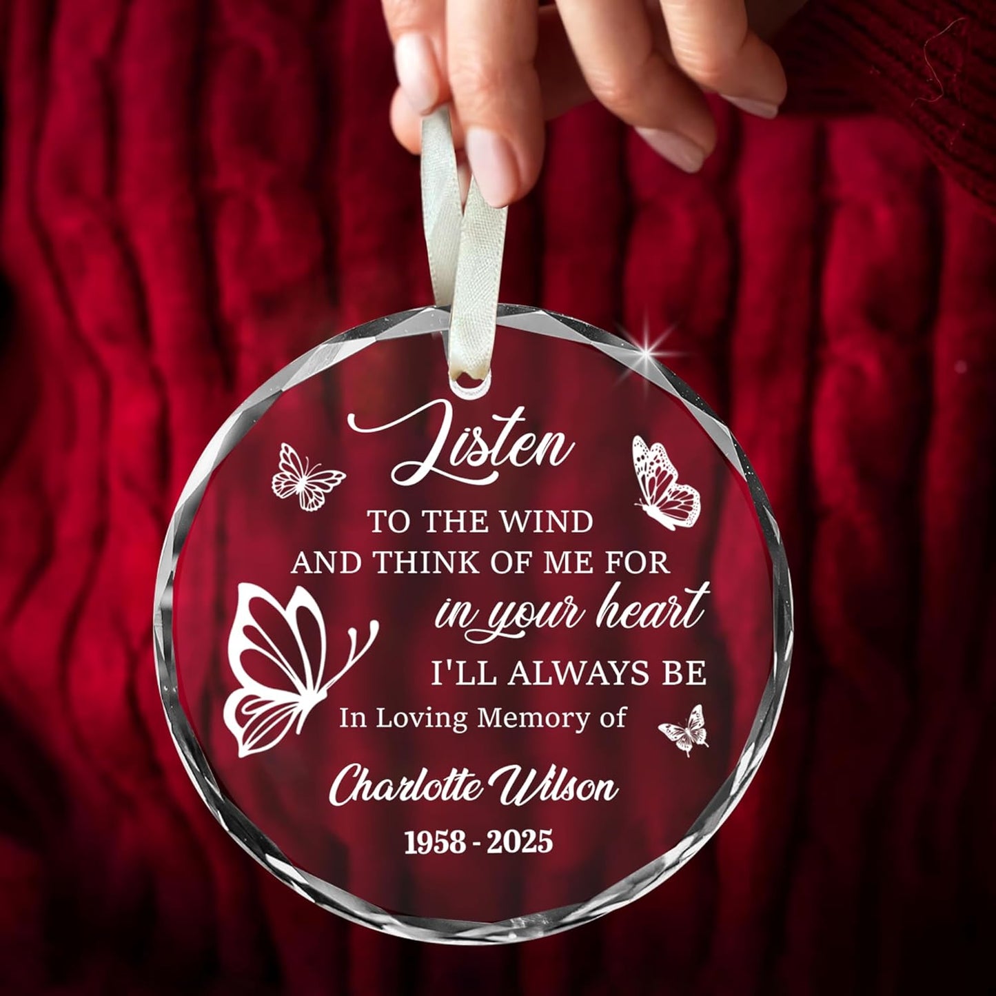 Personalized Memorial Christmas Ornament โ Custom Angel Heaven Ornament for Loss of Loved One โ Listen to The Wind Glass Sun Catcher โ Family Remembrance Gift for in Loving Memory