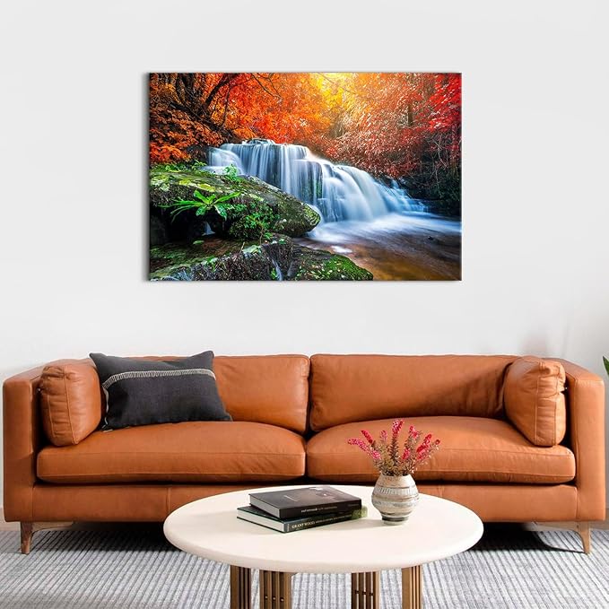 Autumn Red Forest Wall Art Nature Waterfall Wall Decor Forest River Landscape Pictures National Park Posters Rustic Trees Canvas Prints Painting Artwork for Bedroom Living Room Home Decoration 32x48"